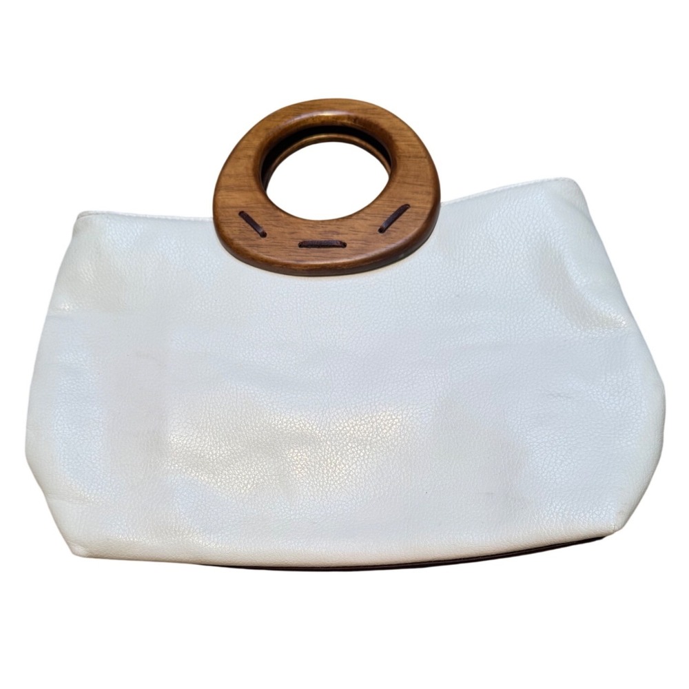 Relic White Pebbled Faux Leather Handbag Brown Wood Ring Handle Vintage Style